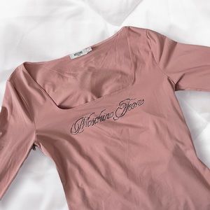 moschino jeans rhinestone y2k square neck long sleeve top
